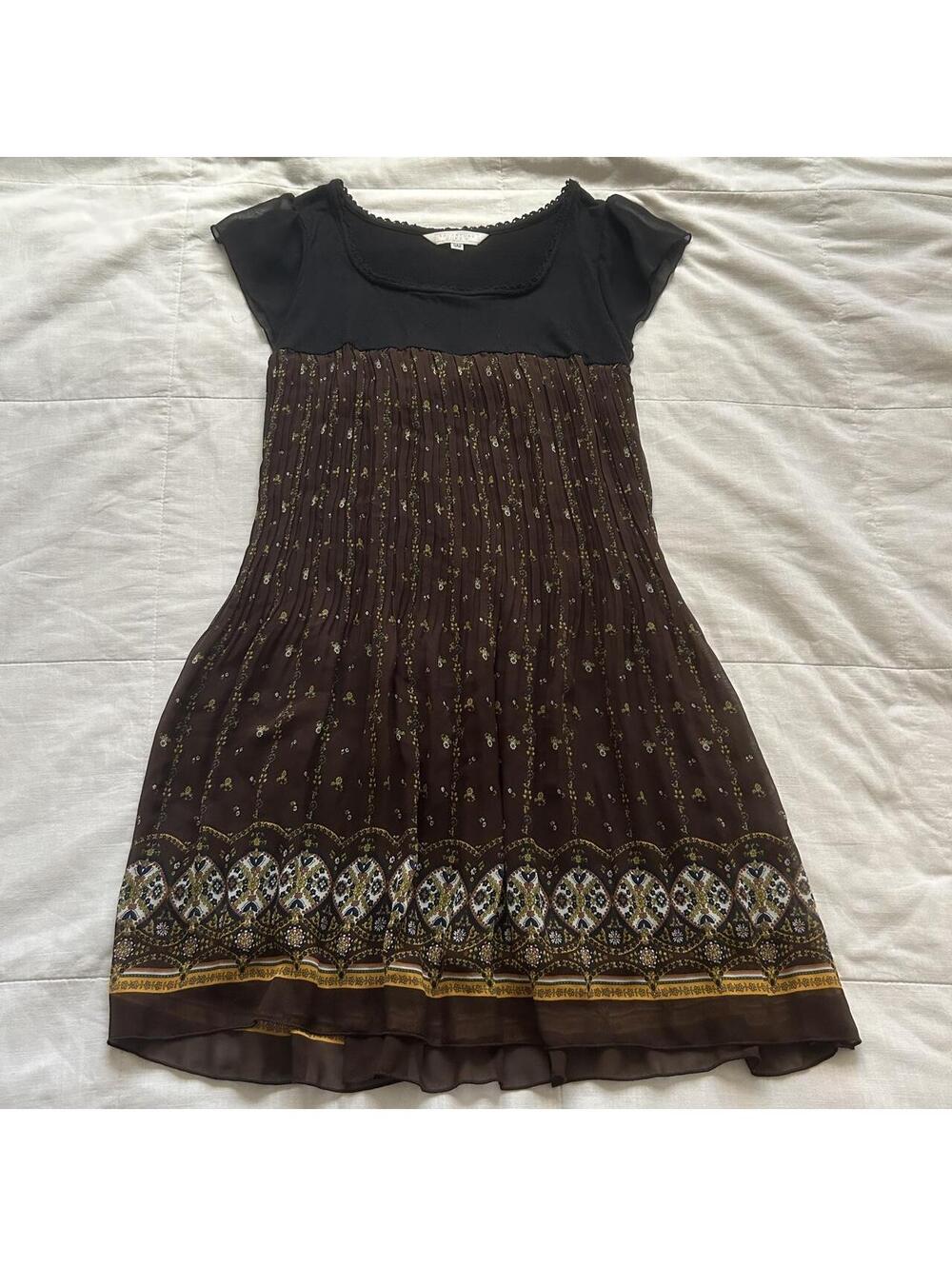 Black Brown Floral Paisley Border Print Pleated Empire Waist Dress Japan